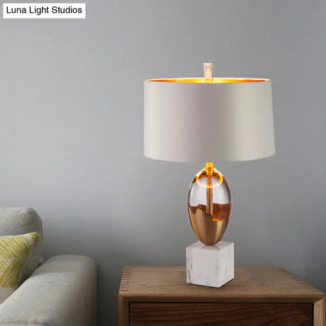 Modern Gold Drum Shade Table Lamp With Square White Marble Base - 1 Bulb Desk Light