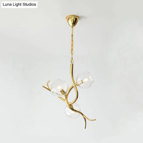 Modern Gold Finish Branch Pendant Chandelier - Clear Glass Led Ceiling Light (3 Heads)