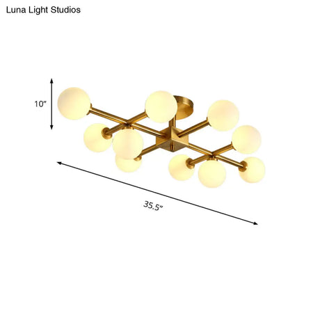 Modern Gold Finish Semi Flushmount Ceiling Lamp For Study Room - Modo Metal Milk Glass Light