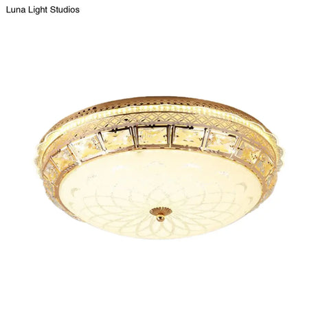 Modern Gold Flush Led Ceiling Light With Crystal Accents Dome White Glass Shade - Ideal For Bedroom
