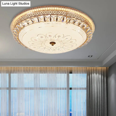 Modern Gold Flush Mount Ceiling Light With Opal Glass Led And Crystal Accent - 16’/19.5’ W