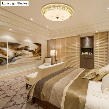 Modern Gold Flush Mount Ceiling Light With Opal Glass Led And Crystal Accent - 16’/19.5’ W