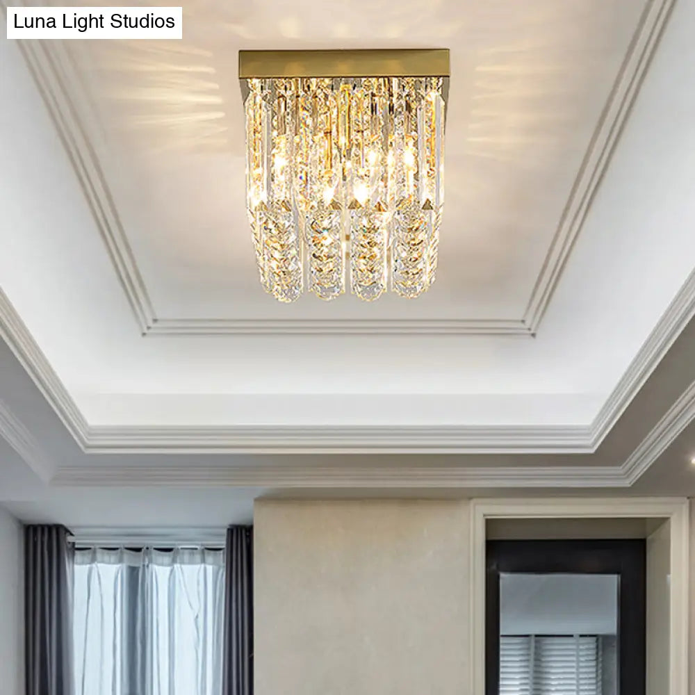 Modern Gold Flush Mount Light With Crystal Block Shade - 2 Lights Rectangle Ceiling Design