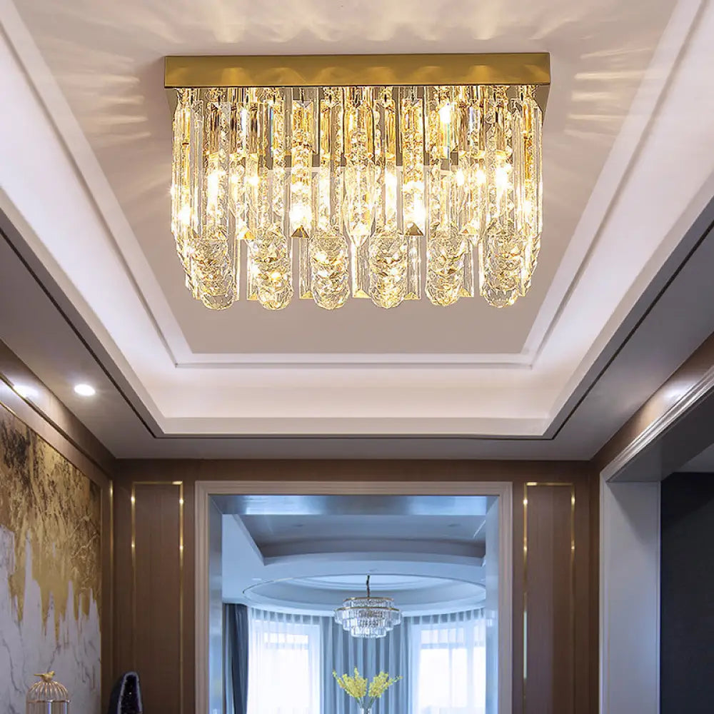 Modern Gold Flush Mount Light With Crystal Block Shade - 2 Lights Rectangle Ceiling Design