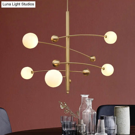 Modern Gold Hanging Chandelier Light With Opal Glass Shade - 5 Ceiling Fixture For Bedroom