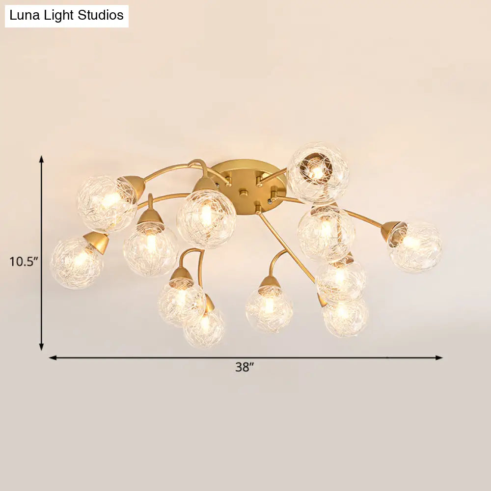 Modern Gold Led Semi Flush Ceiling Light With Clear Glass Sphere Shades - 6/12-Light Bedroom