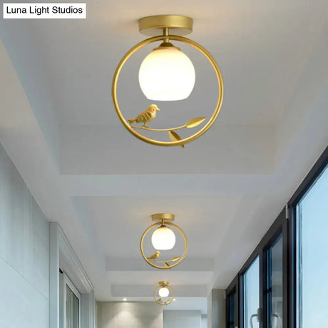 Modern Gold Metal Ring Flush Mount With Glass Dome Lampshade And 1 Bulb