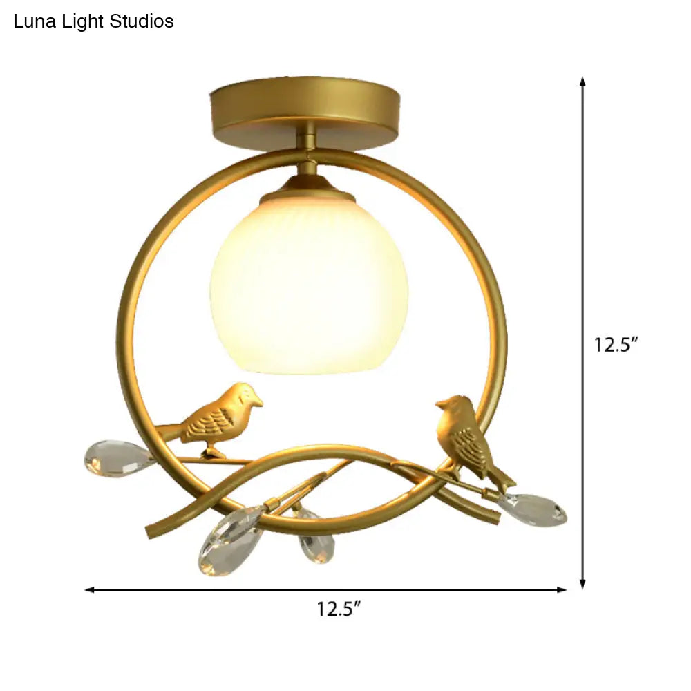 Modern Gold Metal Ring Flush Mount With Glass Dome Lampshade And 1 Bulb