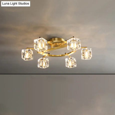 Modern Gold Ring Semi - Flush Mount Ceiling Light With Clear Crystal Cube Shade - 6/8 Bulbs Great