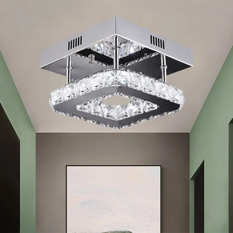 Modern Gold/Stainless - Steel Led Square Ceiling Lamp With Clear Faceted Crystal Blocks And