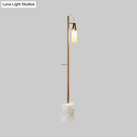Modern Gold Tubular Floor Lamp With Opal Glass Shade & Leather Handle