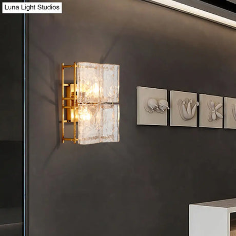 Modern Gold Wall Sconce Light With Clear Water Glass Shade - 2 Lights For Bedroom