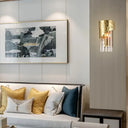 Modern Golden Metallic Wall Sconce With Crystal Block - Stylish Cylinder Light For Living Room Gold