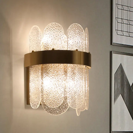 Modern Golden Wall Lamp With 4 Heads Oval Clear Hammered Glass Bedroom Lighting Sconce Gold