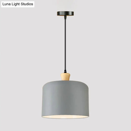 Modern Grey Drum Pendant Lamp - Stylish Metal Dining Room Light With 1 Suspension