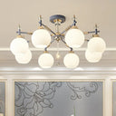 Modern Grey Pendant Chandelier With Milk Glass Shades - 8 Bulb Living Room Lighting Fixture