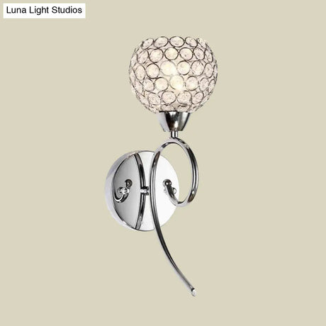 Modern Hemisphere Crystal Wall Lamp With Chrome Scroll Arm Sconce Light
