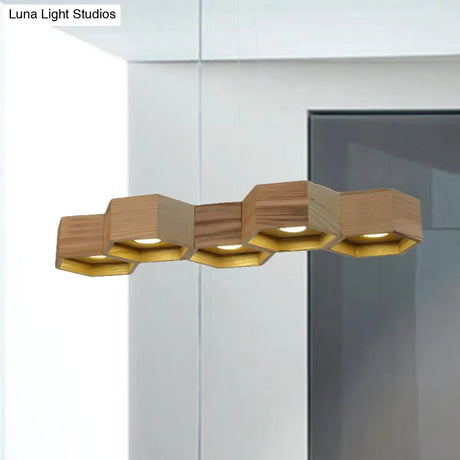 Modern Hexagonal Wooden Ceiling Light Fixture For Living Room - 5/7-Light Island Lighting