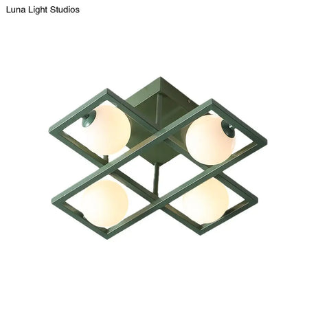 Modern Iron Semi Flush Ceiling Lamp With Globe White Glass Shade - Green 3/4/6 - Head Macaron Design