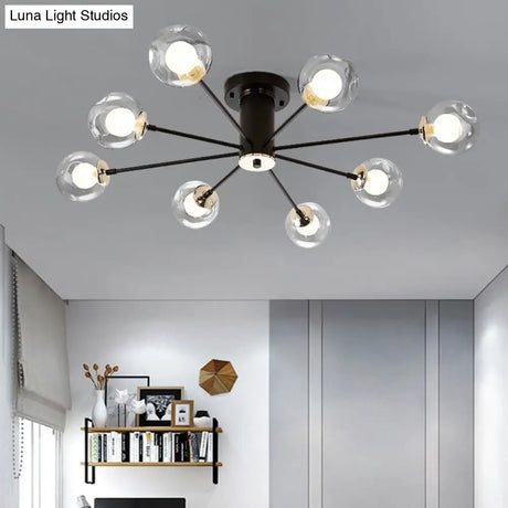 Modern Iron Sputnik Ceiling Lamp With Clear Glass Shades - Black/White 8/10 Lights