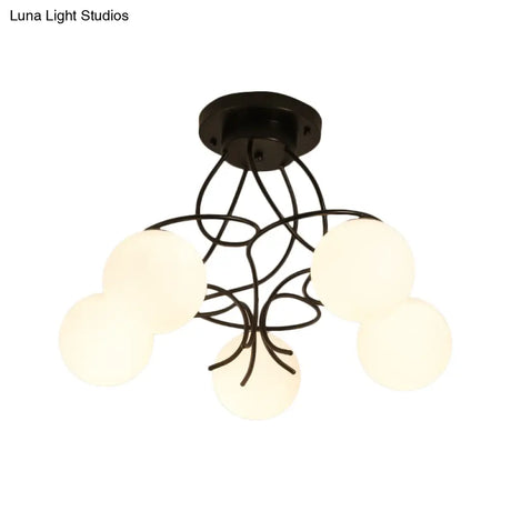 Modern Iron Swirling Semi Flush Ceiling Light With Opal Glass Shade - 5 Heads Black/White Finish