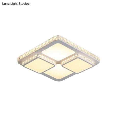 Modern Led Acrylic Ceiling Light: Square Flush Mount Lamp In White With Crystal Accent