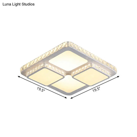 Modern Led Acrylic Ceiling Light: Square Flush Mount Lamp In White With Crystal Accent