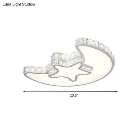 Modern Led Bedroom Ceiling Light Fixture - White Flush Mount With Star Moon Crystal Shade
