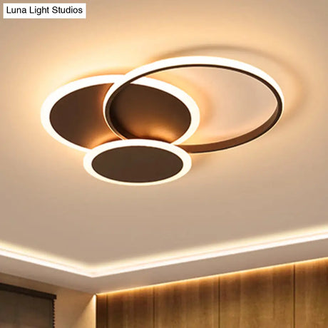 Modern Led Bedroom Ceiling Light In Coffee - 3 Round Ultra-Thin Acrylic Flushmount 19.5’/22.5’ W