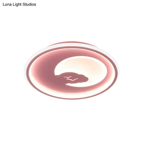 Modern Led Bedroom Light: White/Pink Flush Mount Ceiling Fixture With Moon Acrylic Shade