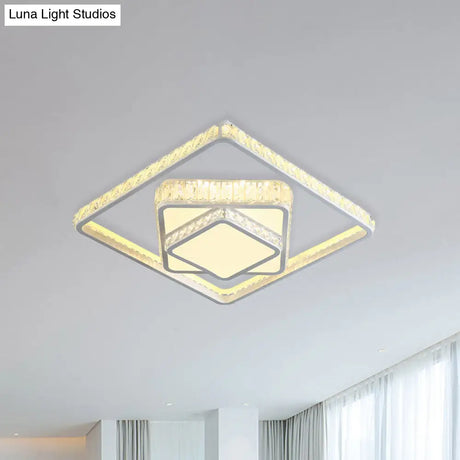 Modern Led Crystal Ceiling Light: Square Flush Mount Fixture In White For Bedroom