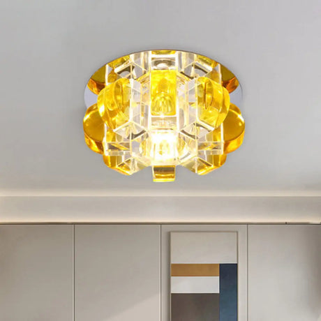 Modern Led Crystal Flush Mount Ceiling Light Fixture - Sleek Yellow Floral Design For Corridors