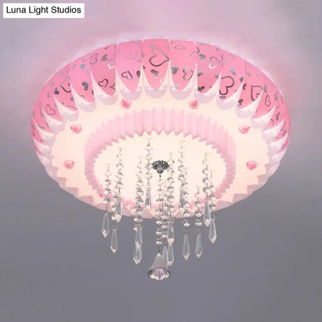 Modern Led Crystal Flush Mount Ceiling Light With Pink Drum Shade Perfect For Living Rooms