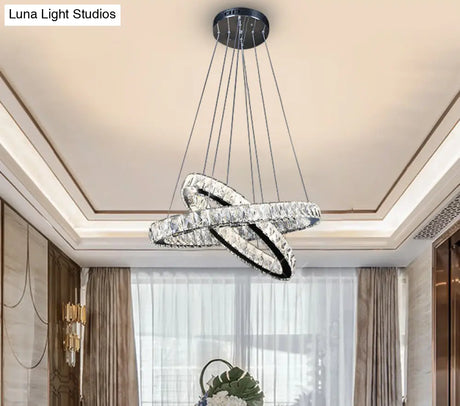 Modern Led Crystal Pendant Lamp: 2-Tier Circular Carousel Design Minimalistic Prismatic Ideal For