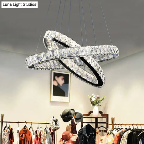 Modern Led Crystal Pendant Lamp: 2-Tier Circular Carousel Design Minimalistic Prismatic Ideal For