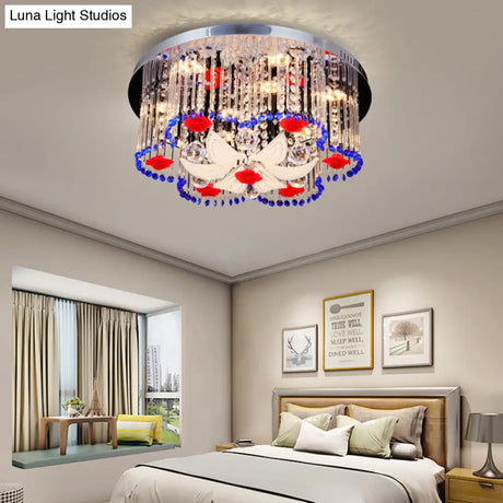 Modern Led Crystal Prism Ceiling Light With Flower Design In Blue And Red 19.5’/23.5’ Width