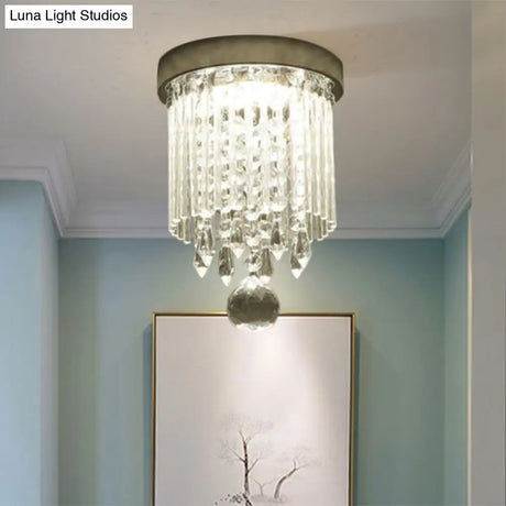 Modern Led Crystal Shade Chrome Flushmount Light 8’/19.5’ Wide Cylinder Ceiling Lamp