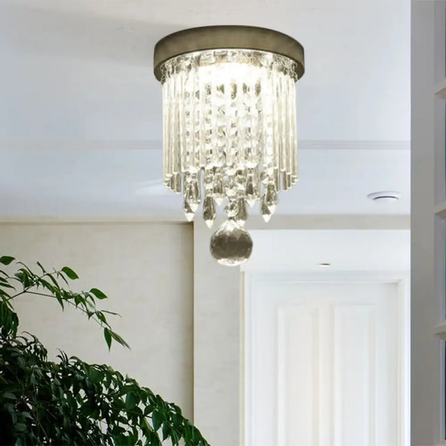 Modern Led Crystal Shade Chrome Flushmount Light 8’/19.5’ Wide Cylinder Ceiling Lamp / 8’