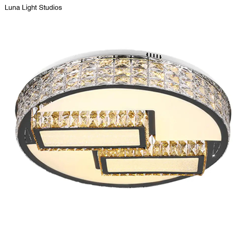 Modern Led Drum Close To Ceiling Lighting Fixture - Stainless Steel With Crystal Flushmount