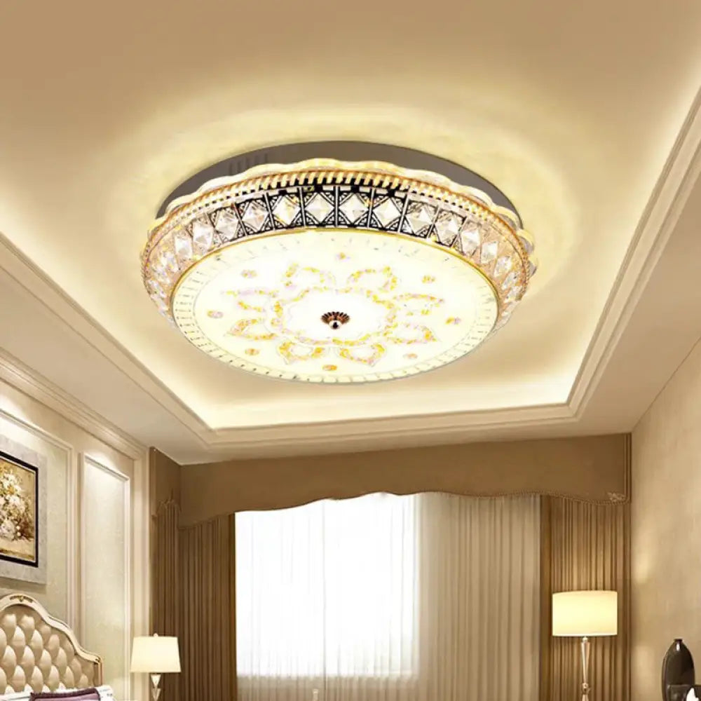 Modern Led Drum Flushmount Ceiling Light With Clear Crystal Embellishments And Flower Pattern For