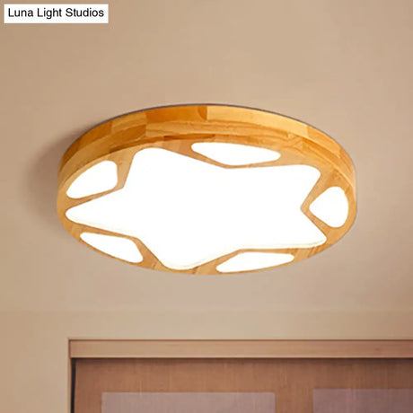 Modern Led Flush Ceiling Light In Beige - Kindergarten Star Design Wood Acrylic Lamp