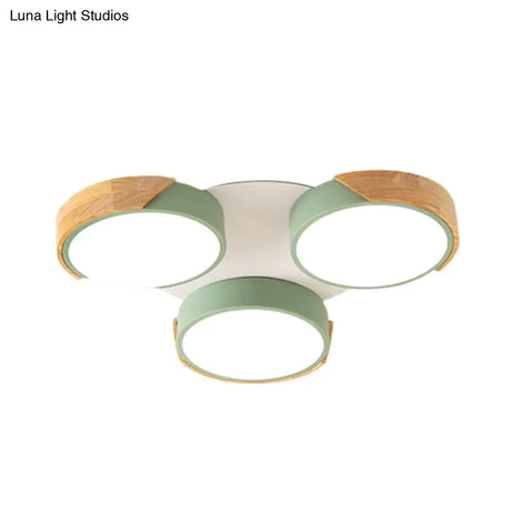 Modern Led Flush Ceiling Light - Nordic Style 3 - Drum Shade Metal Fixture In Green/White For Porch
