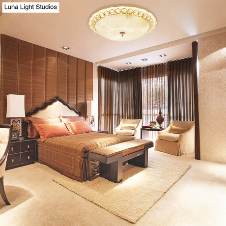 Modern Led Flush Ceiling Light With Textured Glass Bowl Crystal Accent In Gold - 12’/16’ Wide