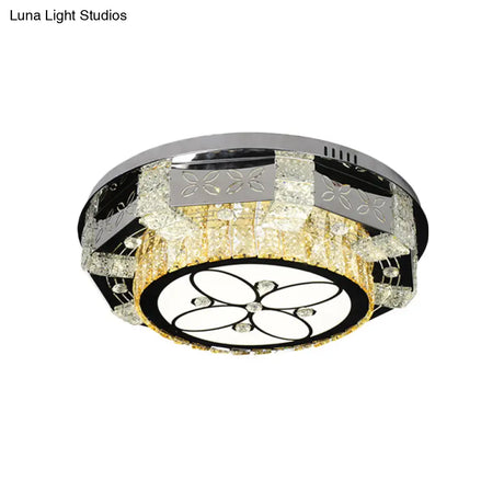 Modern Led Flush Mount Ceiling Light Fixture With Crystal Block Drum Shade In Nickel - Flower/Four