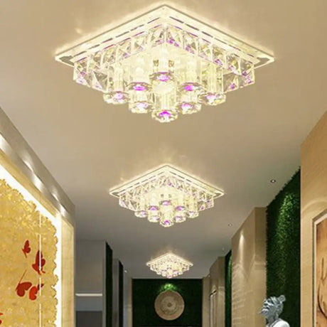 Modern Led Flush Mount Ceiling Light For Hallway In Crystal Square Shape Purple / Third Gear