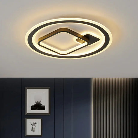 Modern Led Flush Mount Lamp In Black - Round/Square Hotel Ceiling Fixture Aluminum Design With