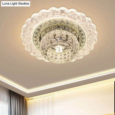 Modern Led Flush Mount Light With Clear Crystal Dome And Ruffle Edge In Warm/White For Corridors