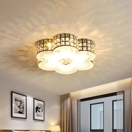 Modern Led Flush Mount Light With Square - Cut Crystals And Floral Design 15.5’/19.5’ Width