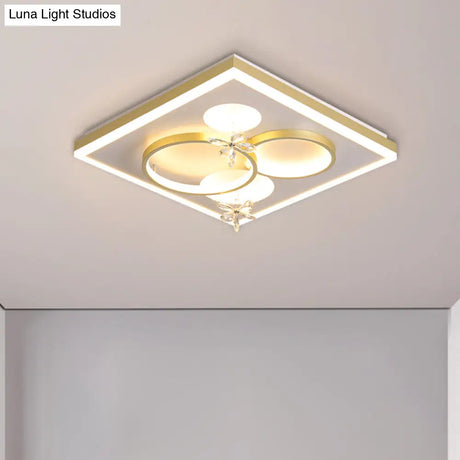 Modern Led Gold Flush Mount Light With Square Metal Frame And Flower Crystal Décor