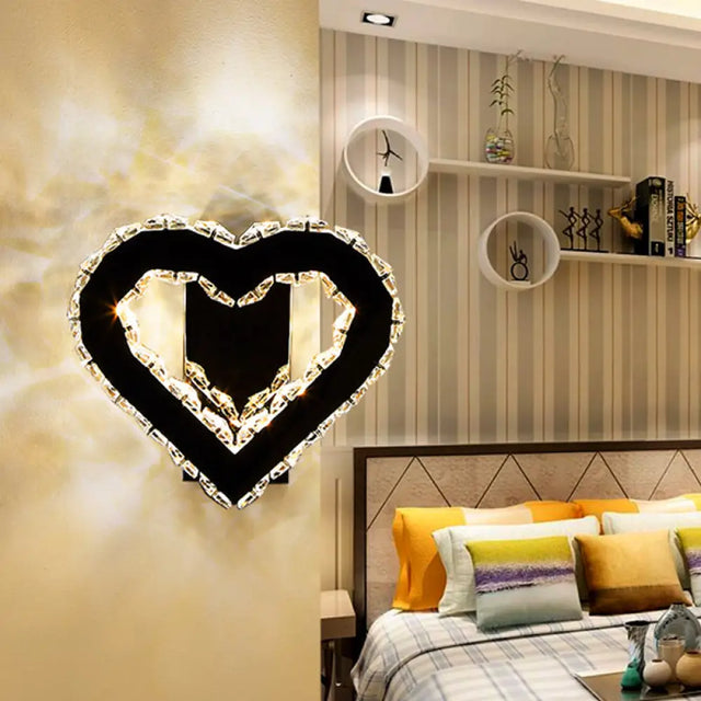 Modern Led Heart Wall Hanging Light In Black Crystal For Bedroom Décor Chrome